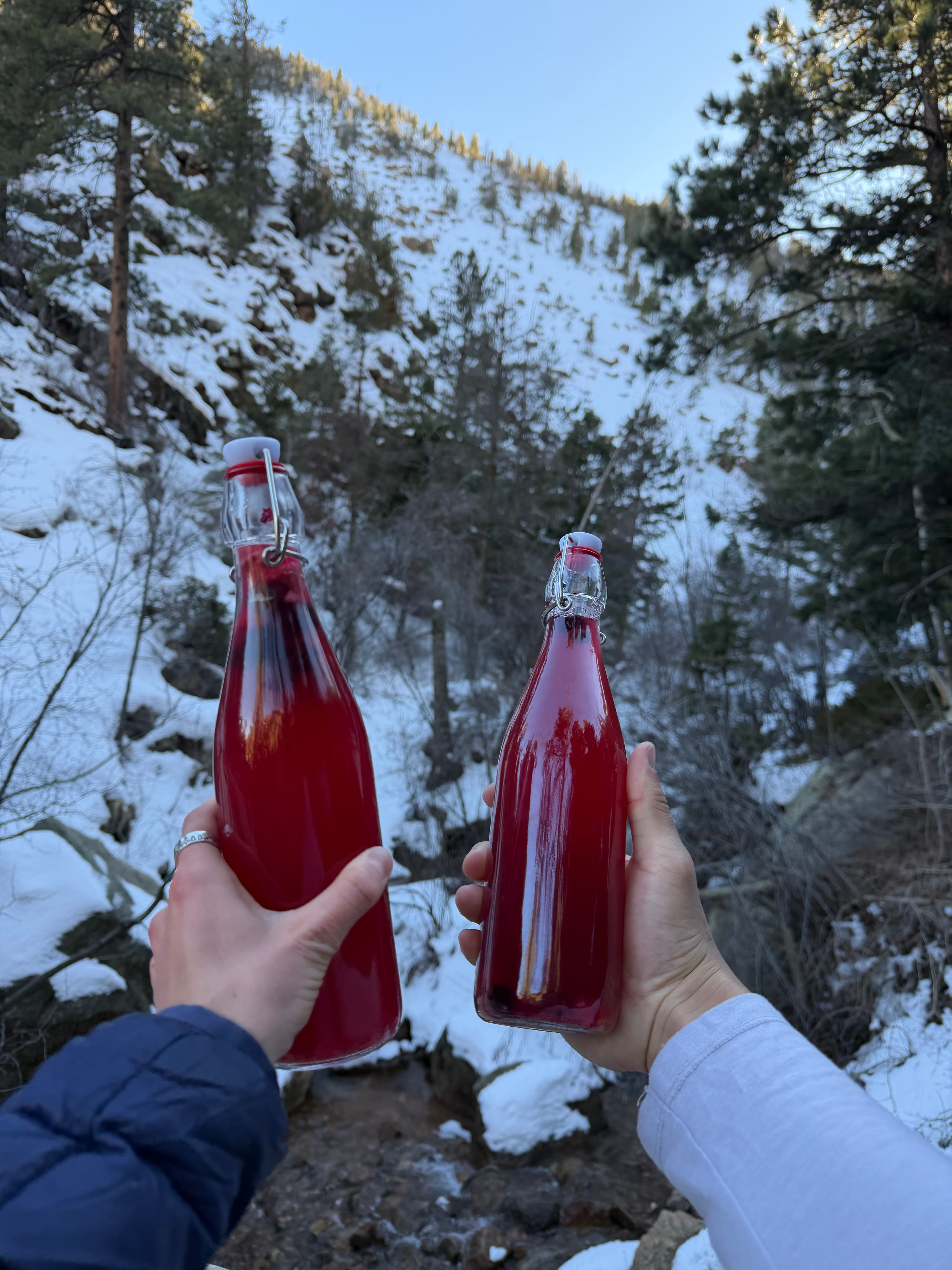 Two bottles of Nebula Mist in the snowy Colorado forest
